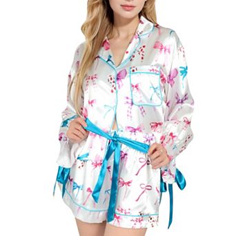 Women's Holiday Bow Print Pajama Set with Ribbon Tie Details and Button-Up Top