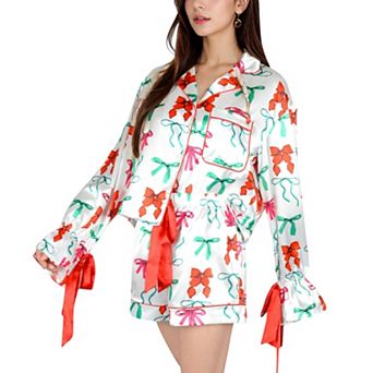 Women's Holiday Bow Print Pajama Set with Ribbon Tie Details and Button-Up Top