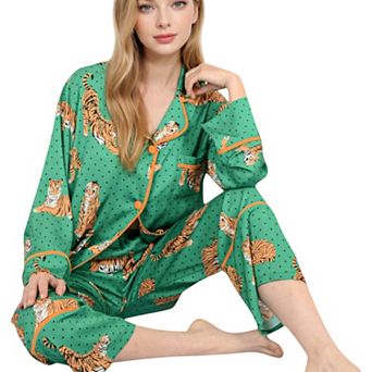 Women's Printed Satin Pajama Set with Long Sleeve Button-Up Top and Contrast Piping