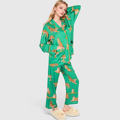 Women's Printed Satin Pajama Set with Long Sleeve Button-Up Top and Contrast Piping