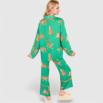 Women's Printed Satin Pajama Set with Long Sleeve Button-Up Top and Contrast Piping