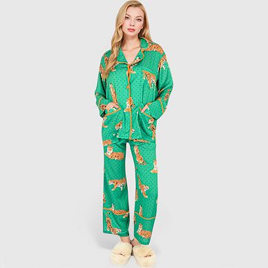 Women's Printed Satin Pajama Set with Long Sleeve Button-Up Top and Contrast Piping