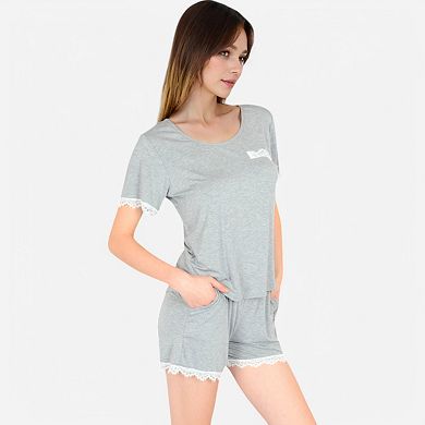 Women's Lace Trim Short Sleeve Pajama Set with Pocket Detail