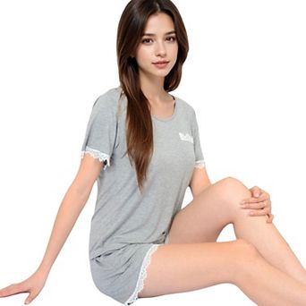 Women's Lace Trim Short Sleeve Pajama Set with Pocket Detail