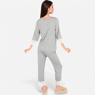 Women's Lace Trim Pajama Set with 3/4 Sleeve Top and Elastic Waist Pants