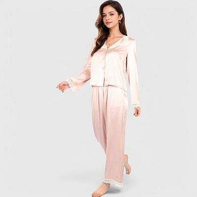 Women's Satin Pajama Set with Lace Trim and Button-Up Long Sleeve Top