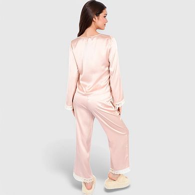 Women's Satin Pajama Set with Lace Trim and Button-Up Long Sleeve Top