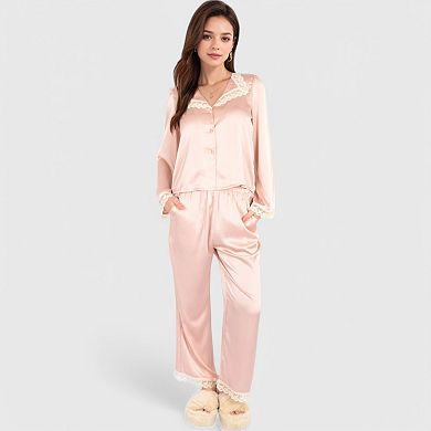Women's Satin Pajama Set with Lace Trim and Button-Up Long Sleeve Top