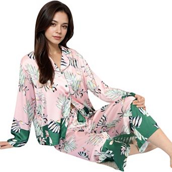 Women's Floral Satin Pajama Set with Button-Up Long Sleeve Top and Matching Pants