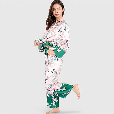 Women's Floral Satin Pajama Set with Button-Up Long Sleeve Top and Matching Pants
