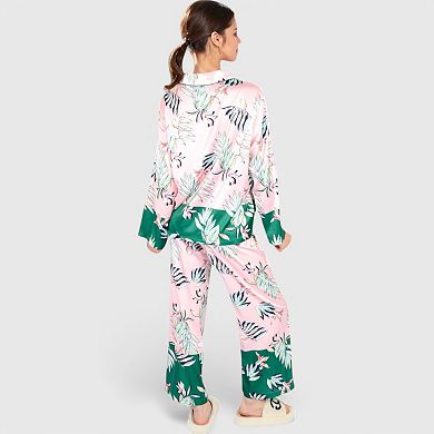 Women's Floral Satin Pajama Set with Button-Up Long Sleeve Top and Matching Pants