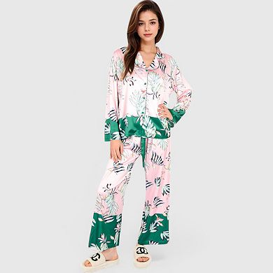 Women's Floral Satin Pajama Set with Button-Up Long Sleeve Top and Matching Pants