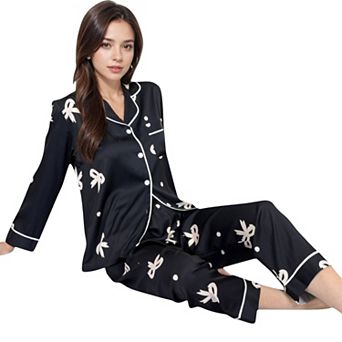 Women's Printed Satin Pajama Set with Button-Up Long Sleeve Top and Piping Detail