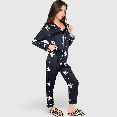 Women's Printed Satin Pajama Set with Button-Up Long Sleeve Top and Piping Detail
