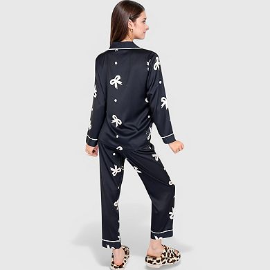 Women's Printed Satin Pajama Set with Button-Up Long Sleeve Top and Piping Detail