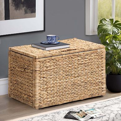 eHemco Heavy-duty Water Hyacinth Wicker Storage Trunk with Metal Frame, 23.3 Inches, Natural