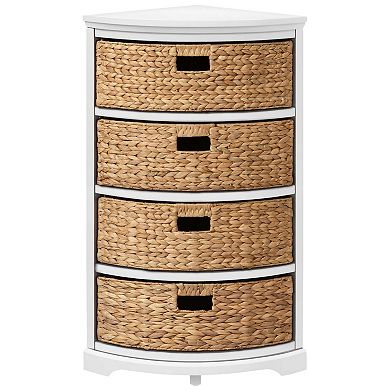 eHemco Hampton Meadows 4 Tier X-Side Corner End Table Storage Cabinet with 4 Wicker Baskets