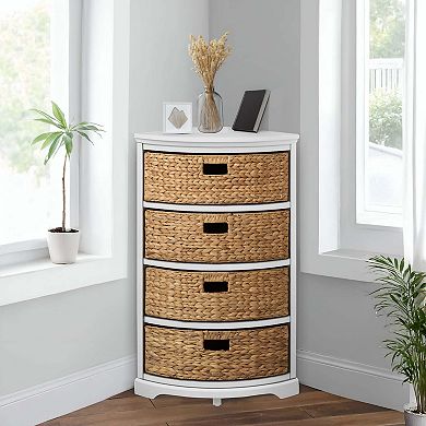 eHemco Hampton Meadows 4 Tier X-Side Corner End Table Storage Cabinet with 4 Wicker Baskets