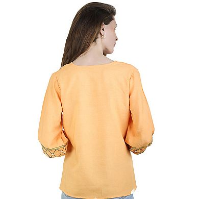 Artyska Women's Linen V-Neck Embroidered Puffed 3/4th Sleeve Blouse Top
