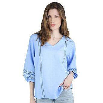 Artyska Women's Linen V-Neck Embroidered Puffed 3/4th Sleeve Blouse Top