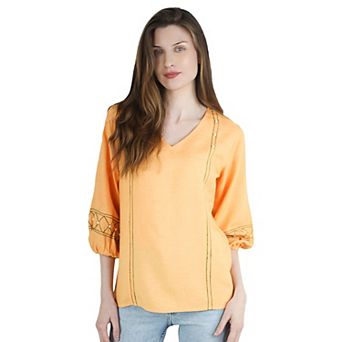 Artyska Women's Linen V-Neck Embroidered Puffed 3/4th Sleeve Blouse Top