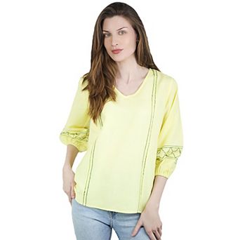 Artyska Women's Linen V-Neck Embroidered Puffed 3/4th Sleeve Blouse Top