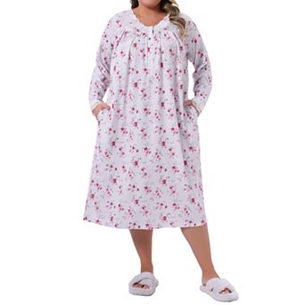 Plus Size Women's V Neck Lace Trim Nightgown Floral Long Sleeve Sleepwear Soft Chemise Nightdress