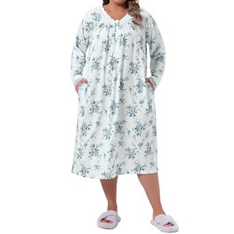 Plus Size Women's V Neck Lace Trim Nightgown Floral Long Sleeve Sleepwear Soft Chemise Nightdress