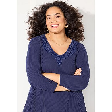 Catherines Women's Plus Size Waffle Knit Lace Trim Tunic