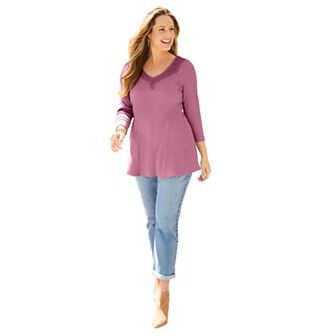 Catherines Women's Plus Size Waffle Knit Lace Trim Tunic