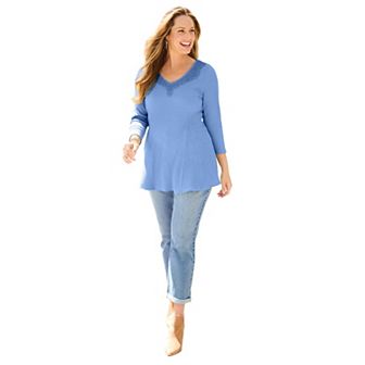 Catherines Women's Plus Size Waffle Knit Lace Trim Tunic