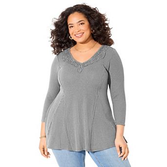 Catherines Women's Plus Size Waffle Knit Lace Trim Tunic