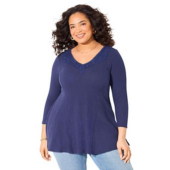 Catherines Women's Plus Size Waffle Knit Lace Trim Tunic
