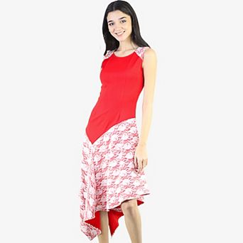 Women's Round Neck Sleeveless Asymmetric Hemline Dress With Lace Design