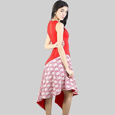 Women's Round Neck Sleeveless Asymmetric Hemline Dress With Lace Design