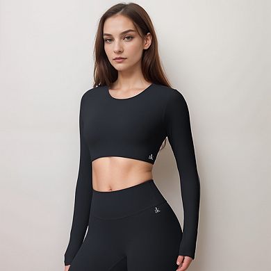 Women's Active Crop Top with Crew Neckline Seamless Stretch Fit and Thumbhole Cuffs