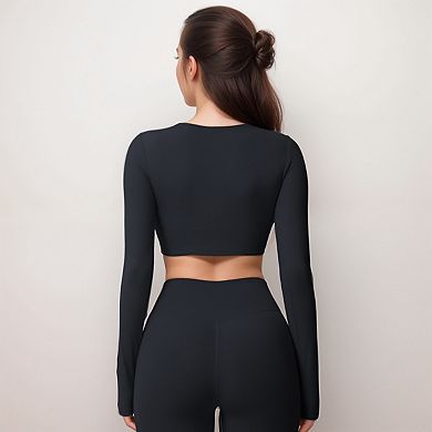 Women's Active Crop Top with Crew Neckline Seamless Stretch Fit and Thumbhole Cuffs