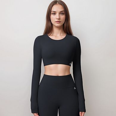 Women's Active Crop Top with Crew Neckline Seamless Stretch Fit and Thumbhole Cuffs