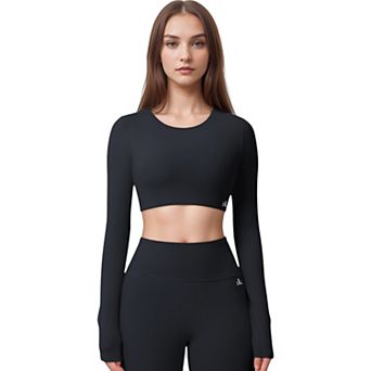 Women's Active Crop Top with Crew Neckline Seamless Stretch Fit and Thumbhole Cuffs