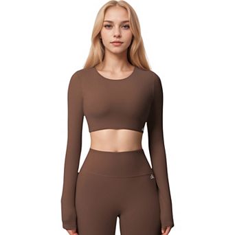 Women's Active Crop Top with Crew Neckline Seamless Stretch Fit and Thumbhole Cuffs