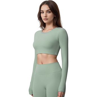 Women's Active Crop Top with Crew Neckline Seamless Stretch Fit and Thumbhole Cuffs