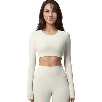 Women's Active Crop Top with Crew Neckline Seamless Stretch Fit and Thumbhole Cuffs