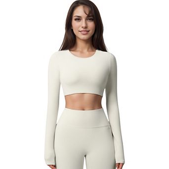 Women's Active Crop Top with Crew Neckline Seamless Stretch Fit and Thumbhole Cuffs
