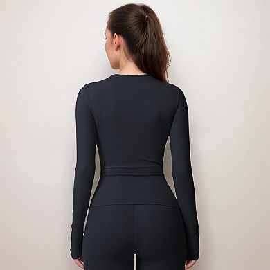 Women's Active Top with Crew Neckline Seamless Fitted Silhouette and Thumbhole Cuffs