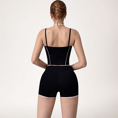 Women's Contrast Trim Cropped Tank Top with Square Neck and Spaghetti Straps