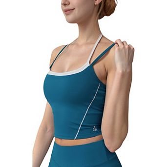Women's Contrast Trim Cropped Tank Top with Square Neck and Spaghetti Straps