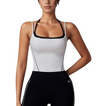 Women's Contrast Trim Cropped Tank Top with Square Neck and Spaghetti Straps