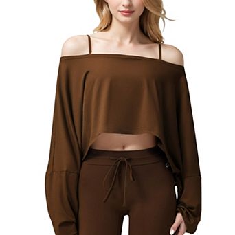 Women's Cropped Long Sleeve Pullover with Wide Boat Neck