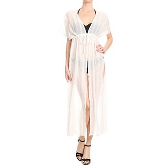 Women's Sheer Maxi Cover-Up with Embroidered Detail and Waist Tie