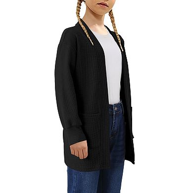 Girls Cardigan Knit Open Front Long Sleeve Sweaters Casual Outwear with Pockets for Kids